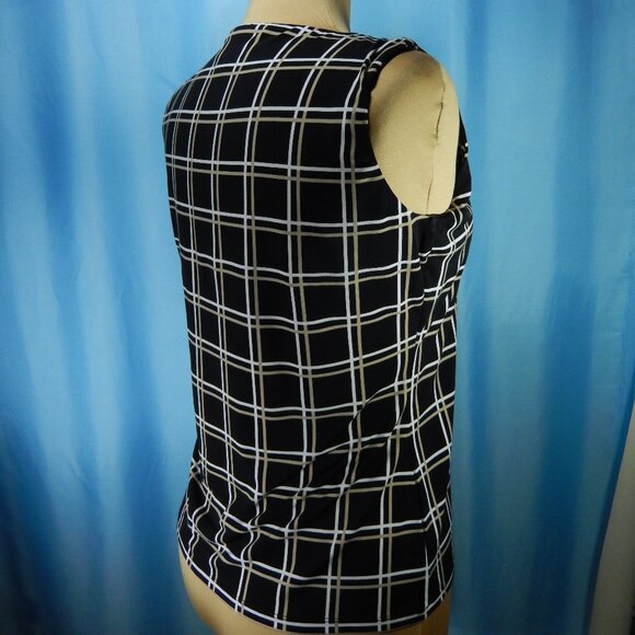 Calvin Klein Taupe & White on Black Scoop Neck Sleeveless Career Top Size Lg EUC - Picture 5 of 12
